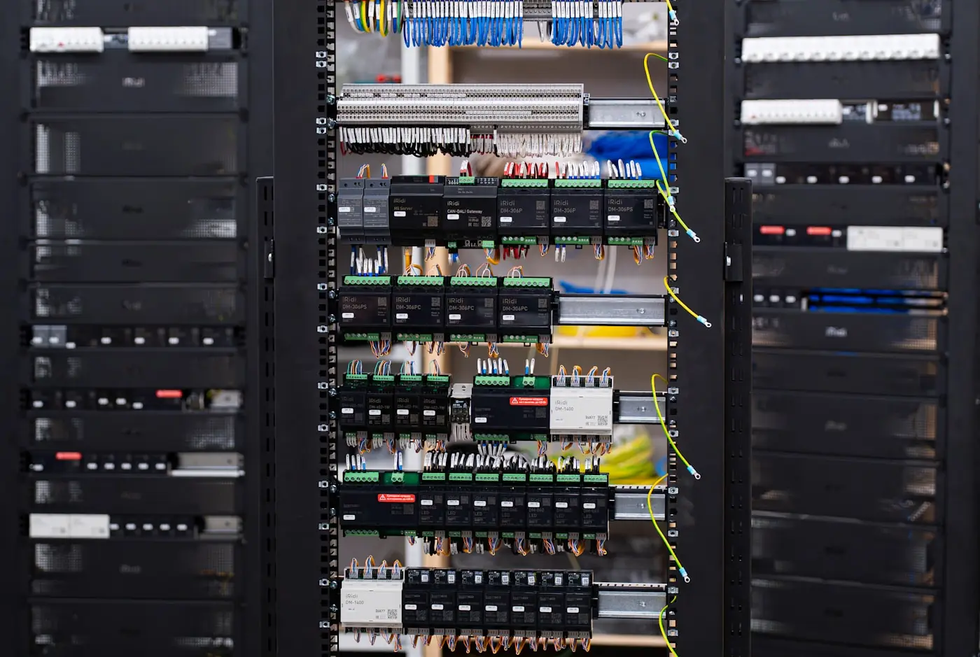 Panou electric deschis cu cabluri si module de control.